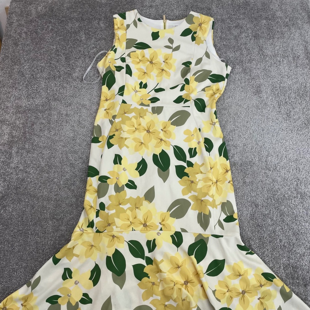 Calvin Klein Dress Womens 12 Floral Scuba High Low Mermaid Yellow Sleeveless
